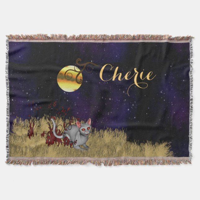 Full Moon Cat Monogram / Personalised Throw Blanket (Front)