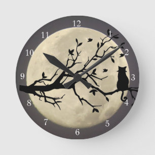 Full Moon Cat Whimsical Time Round Clock