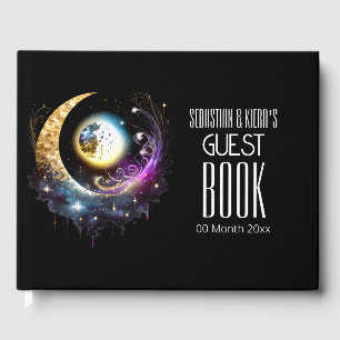Full moon celestial black magenta starry night guest book