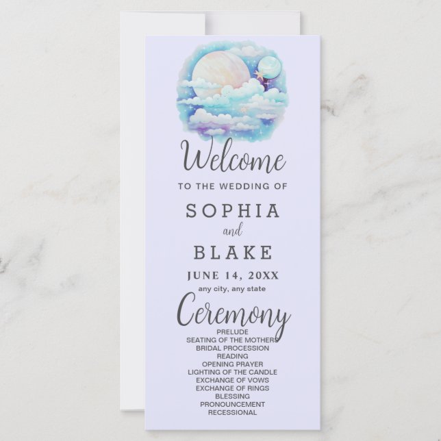 Full Moon Celestial Stars Lavender Wedding Program (Front)