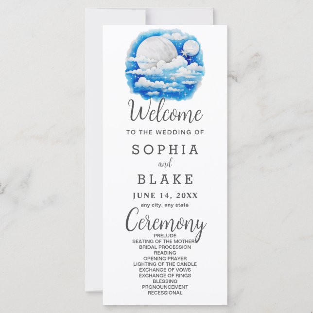 Full Moon Celestial Stars White Wedding Program (Front)