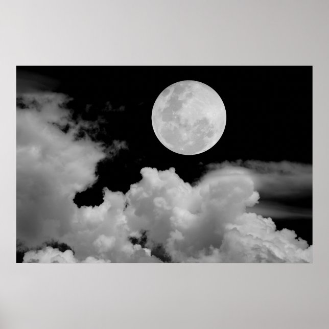 FULL MOON CLOUDS BLACK AND WHITE POSTER (Front)