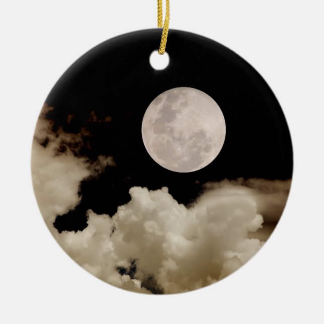 FULL MOON & CLOUDS BLACK & SEPIA CERAMIC TREE DECORATION (Front)