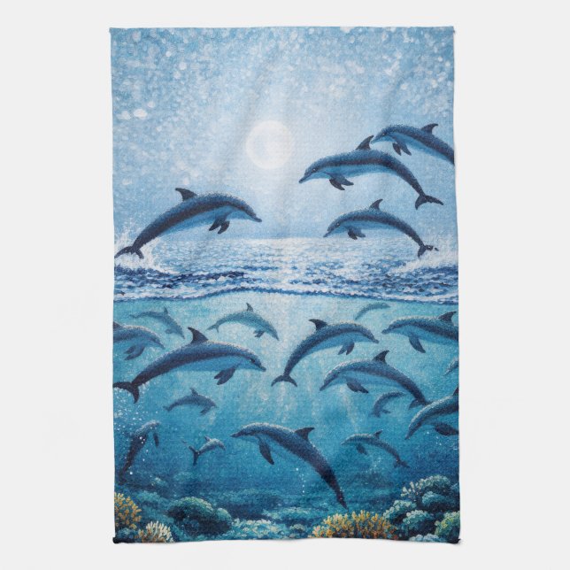 Full Moon Dolphins  Tea Towel (Vertical)