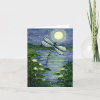 Full Moon Dragonfly Pond Waterlilies Art Note Card