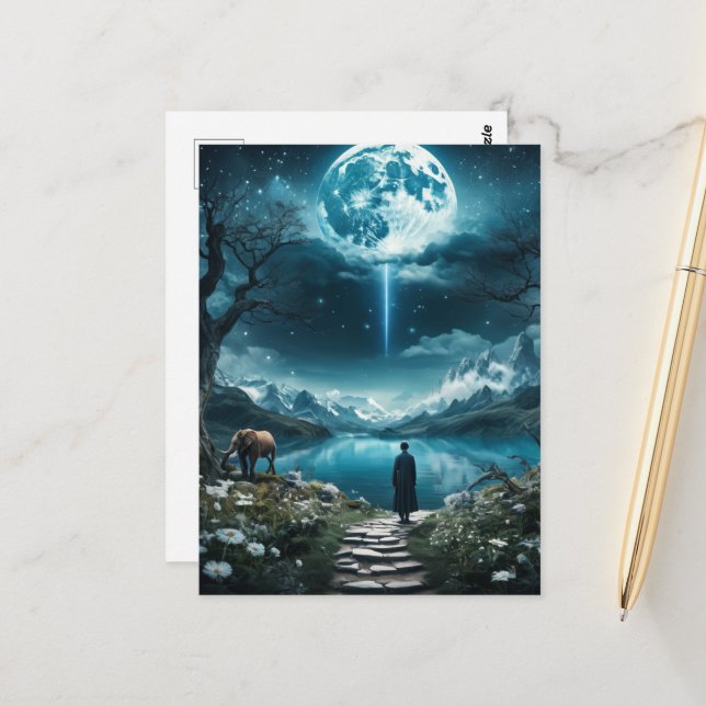 Full Moon Elephant and Woman Postcard (Front/Back In Situ)