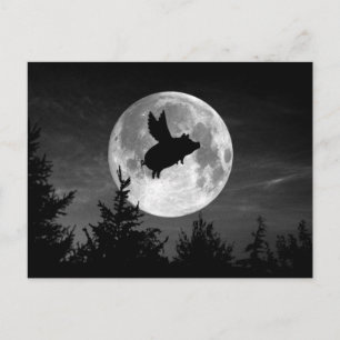 full moon flying pig postcard