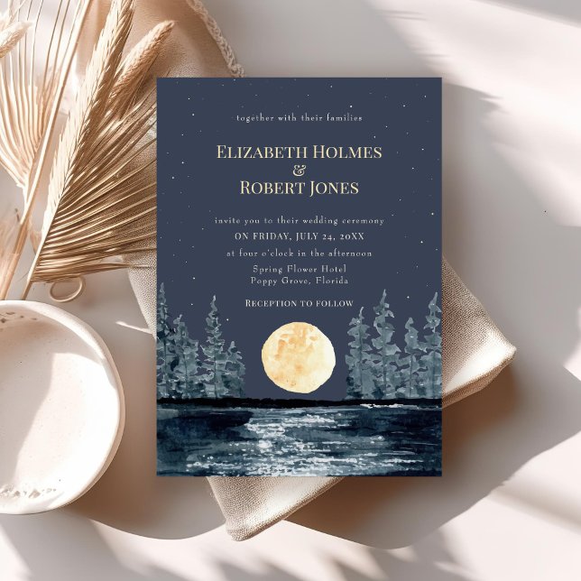 Full Moon Forest and Lake Wedding Invitation (Full Moon Forest and Lake Wedding Invitation on a boho table.)
