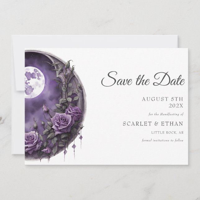 Full Moon Garden Door Purple Rose Boho Handfasting Save The Date (Front)