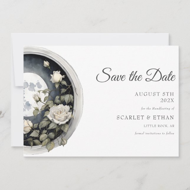 Full Moon Garden Door White Rose Boho Handfasting Save The Date (Front)