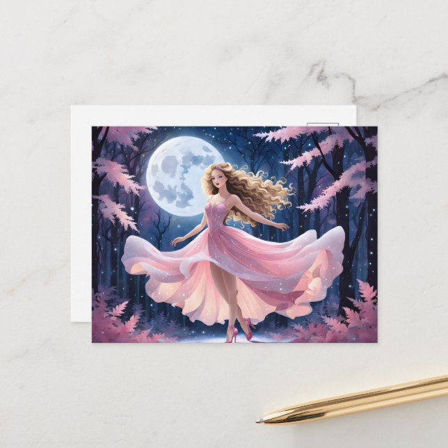 Full Moon Girl in Pink Dress Postcard (Front/Back In Situ)