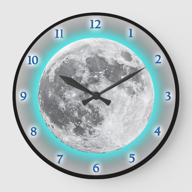 Full Moon Glow Effect Blue Teal Design Large Clock (Front)