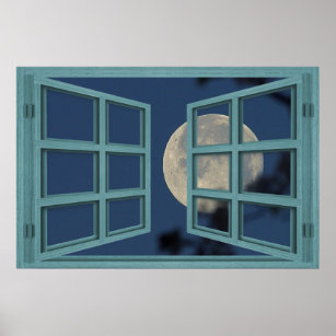 Full Moon Green 6 Pane Open Window Poster