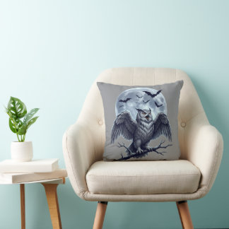 Full Moon Grey Owl with Bats Cushion