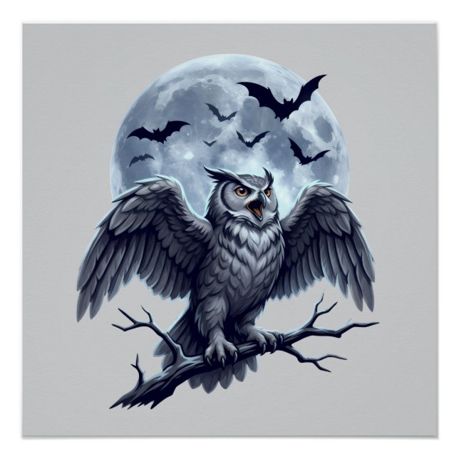 Full Moon Grey Owl with Bats Poster (Front)