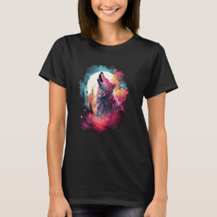 Full Moon Howling Wolf Forest Galaxy Stars T-Shirt