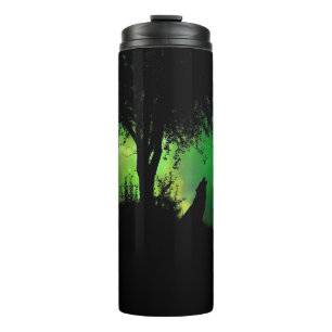 Full Moon Howling Wolf Silhouette Under Tree Thermal Tumbler
