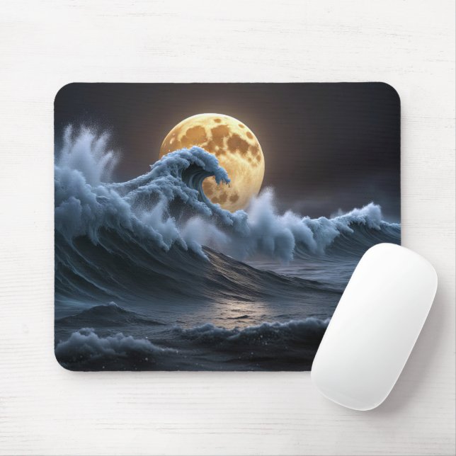 Full Moon In Ocean Wave Mouse Mat (With Mouse)