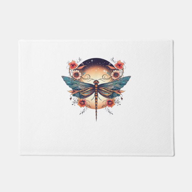 Full Moon Midnight Blue Botanical Boho Floral Cool Doormat (Front)