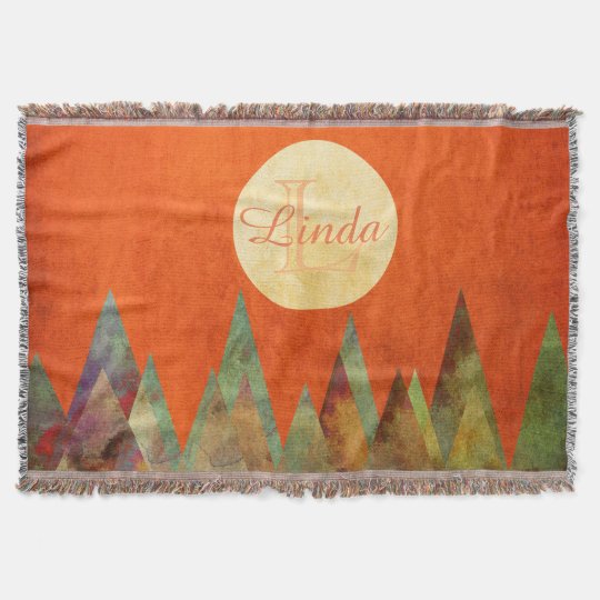 Full Moon Mountains Orange Sky Monogram Initial Throw Blanket