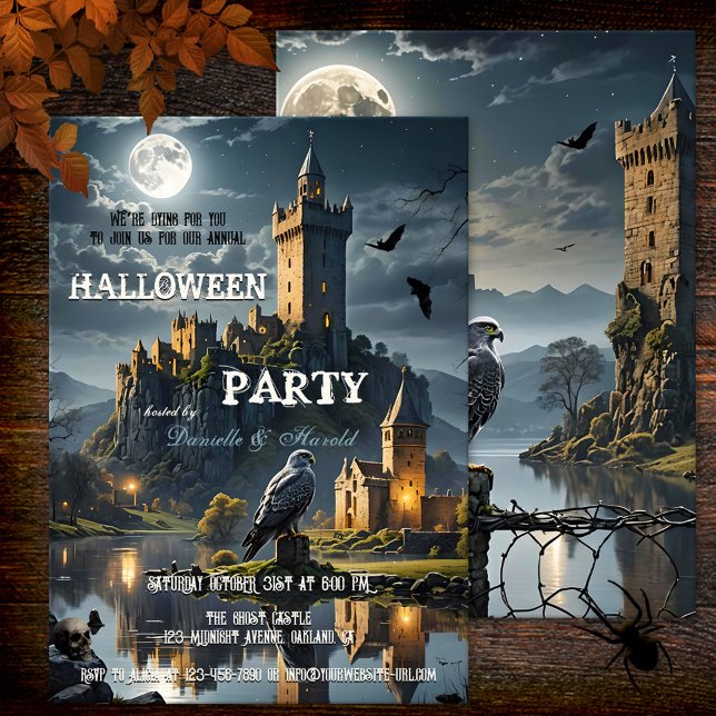 Full Moon Night Castle Halloween Dinner Party Invitation (Halloween dinner party invitation featuring a castle at full moon, with bats, falcon and skull)