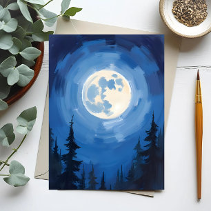 Full Moon   Night Sky Forest Watercolor Painting Postcard