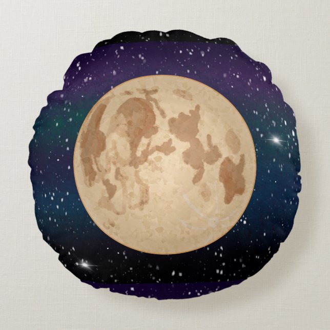 Full Moon on Starry Night Hand Drawn Round Cushion (Front)