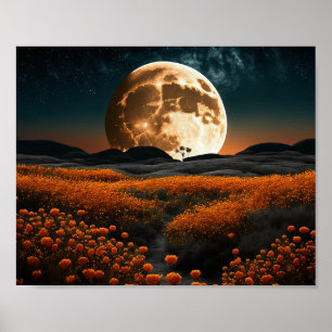 Full Moon Orange Field of Flowers Poster