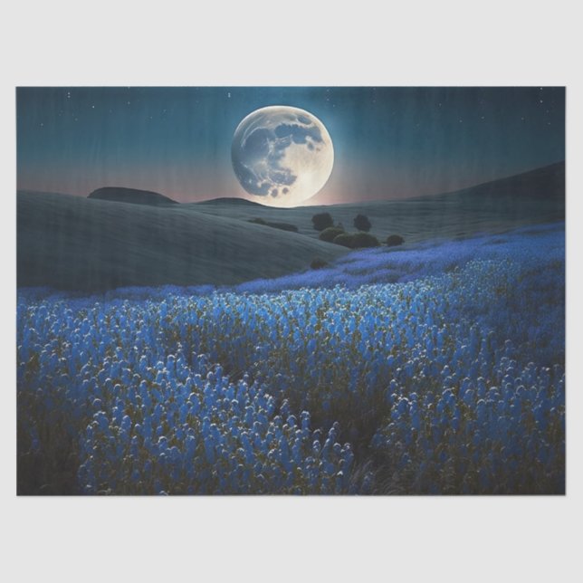 Full Moon over Blue Field of Flowers Decoupage Tissue Paper (Front)