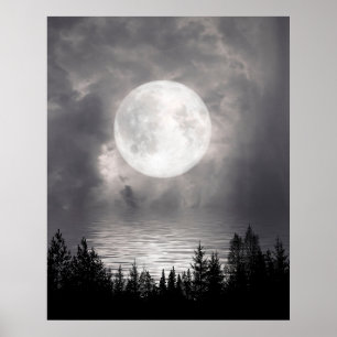 Full Moon Over Lake Poster