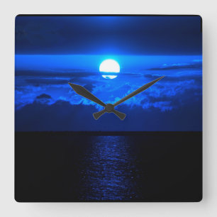 Full moon over ocean, blues square wall clock