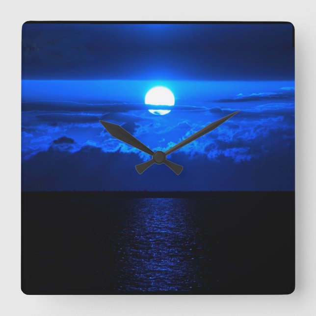 Full moon over ocean, blues square wall clock (Front)