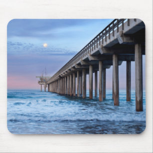Full moon over pier, California Mouse Mat
