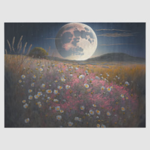 Full Moon over Pink Field of Flowers Decoupage Tissue Paper