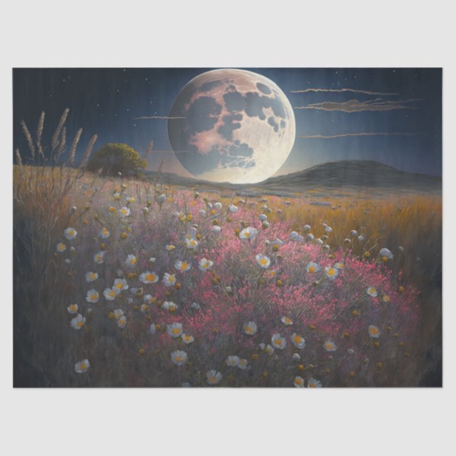 Full Moon over Pink Field of Flowers Decoupage Tissue Paper (Front)