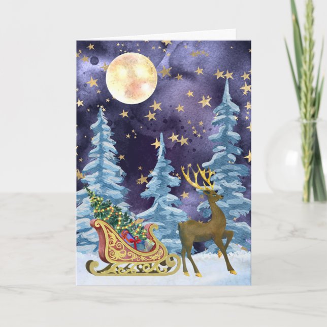 Full Moon Over Reindeer With Sleigh Card (Front)