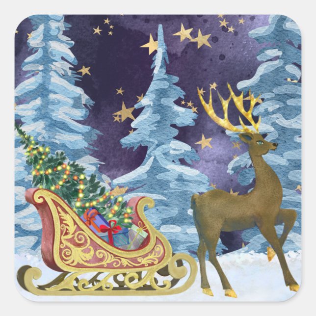 Full Moon Over Reindeer With Sleigh Square Sticker (Front)