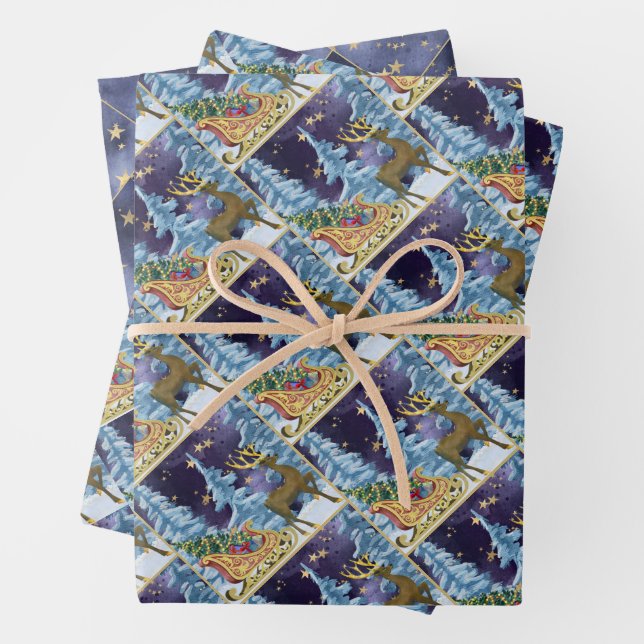 Full Moon Over Reindeer With Sleigh Wrapping Paper Sheet (In situ)