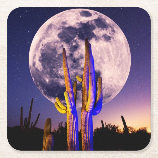 Full Moon Over Saguaro Cactus Square Paper Coaster (Front)