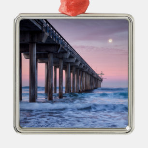 Full Moon Over Scripps Pier Metal Tree Decoration