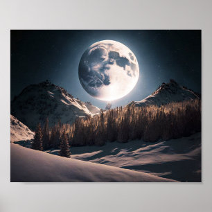 Full Moon over Snow Mountain of Trees Poster