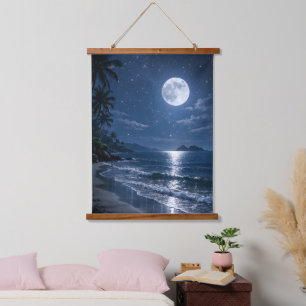 Full Moon Over Tropical Beach Night Acrylic Hanging Tapestry