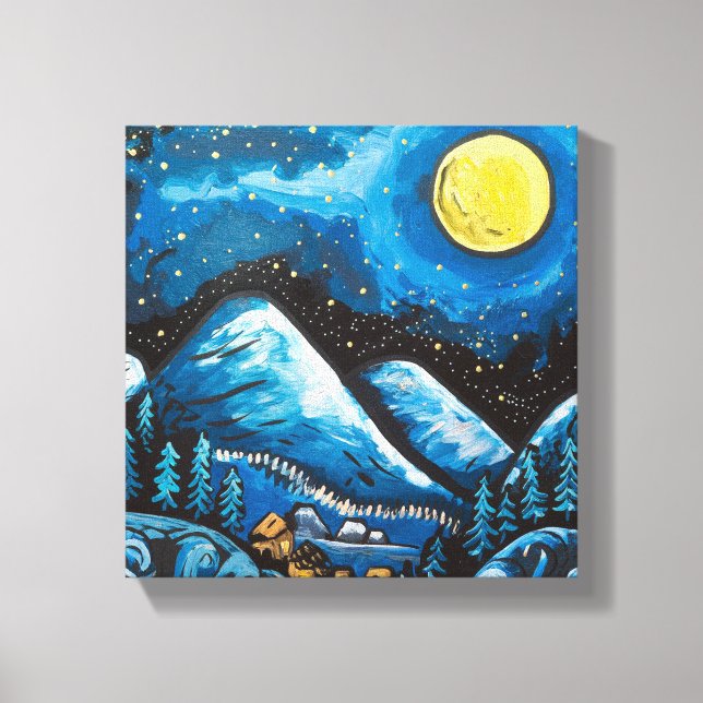 Full Moon Over Winter Mountains and Village Art Pr Canvas Print (Front)