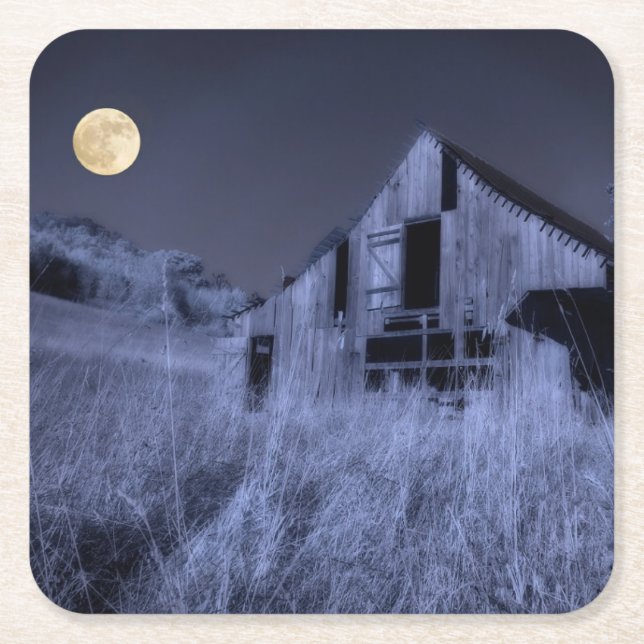Full Moon Overhead | Old Weathered Barn Square Paper Coaster (Front)