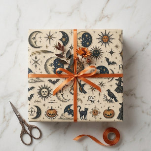 Full Moon Phases Halloween Witch Antique Decoupage Wrapping Paper Sheet