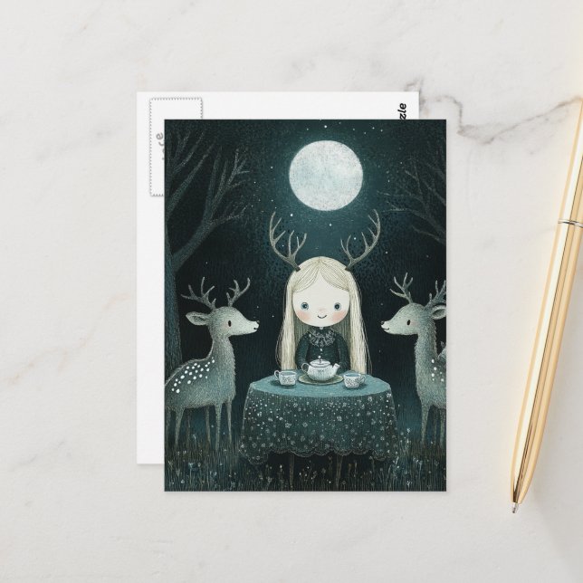 Full Moon Picnic With Deer Postcard (Front/Back In Situ)