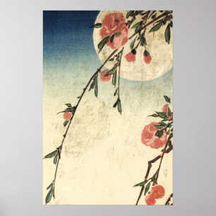 Full Moon Pink Flowers Vintage Art Poster