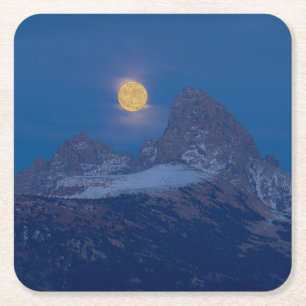 Full Moon Rising Grand Teton Driggs, Idaho Square Paper Coaster
