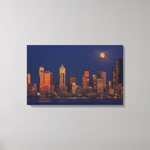 Full moon rising over downtown Seattle skyline Canvas Print