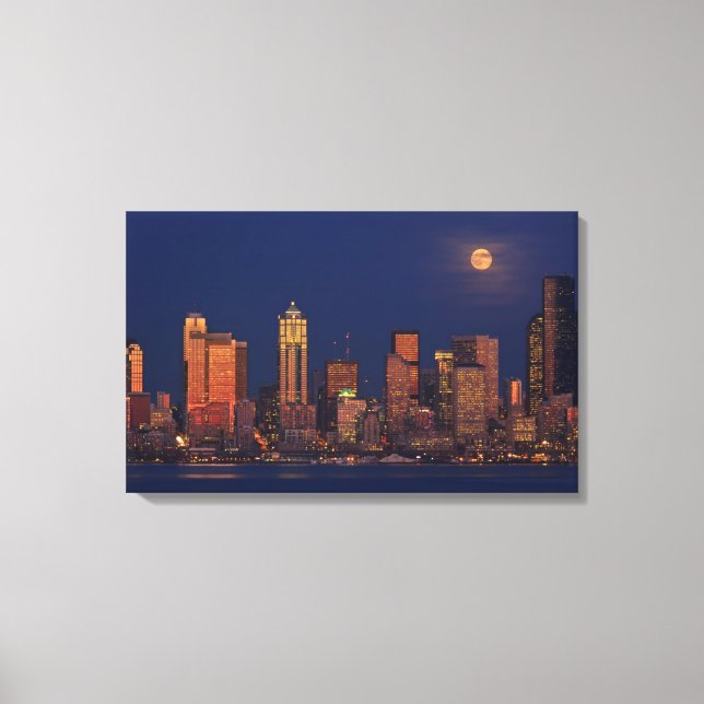 Full moon rising over downtown Seattle skyline Canvas Print (Front)